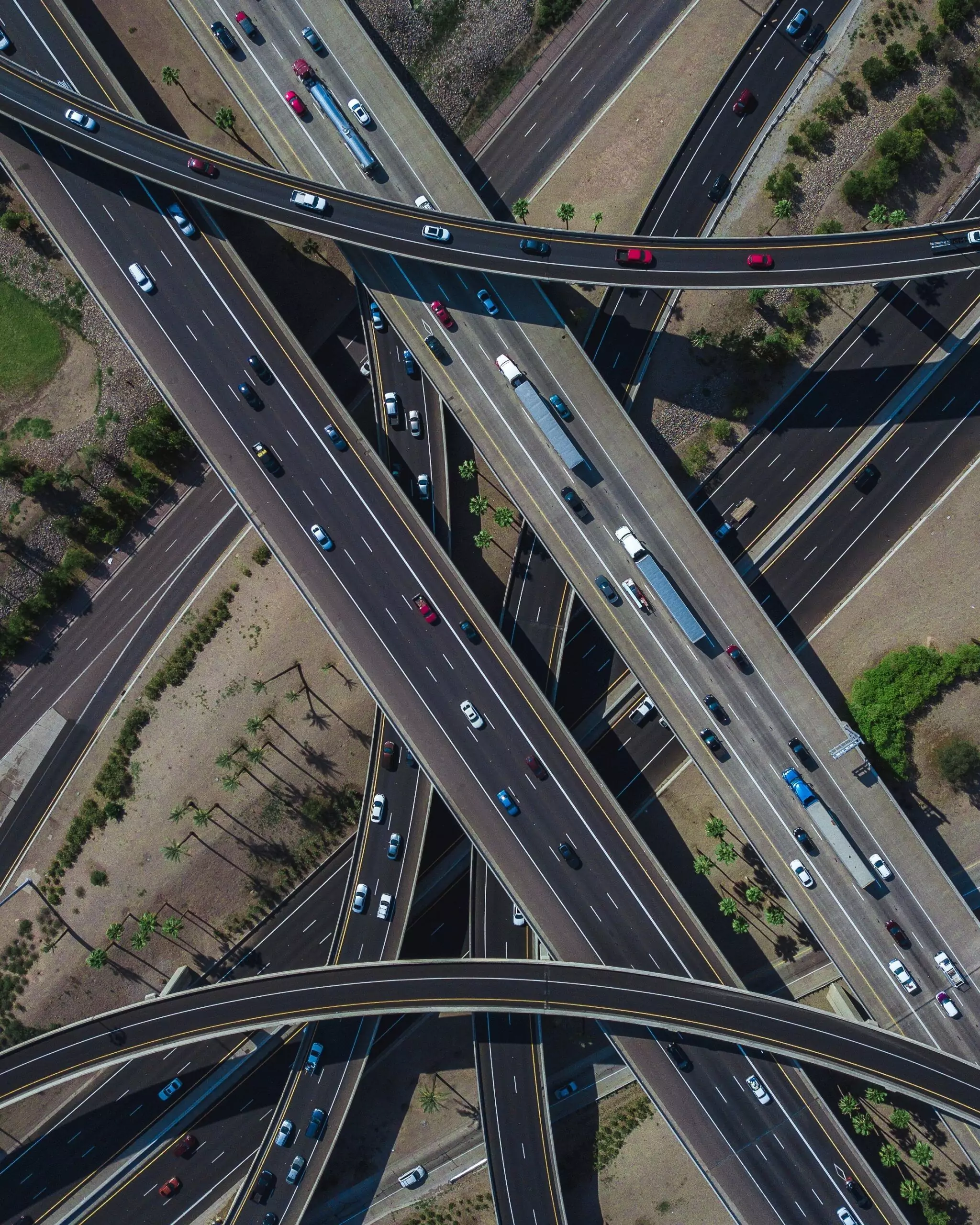 Aerial view of a multilane highway interchange