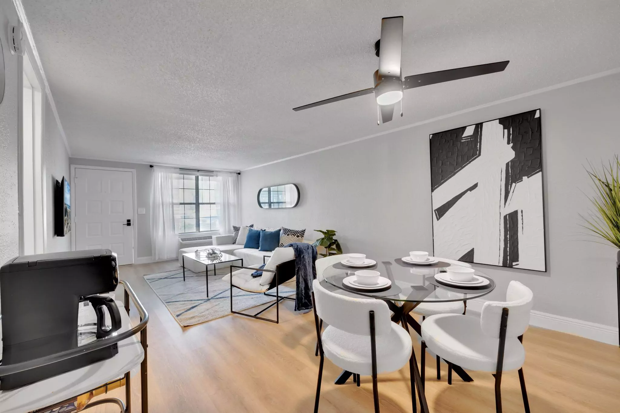 Compact studio living area inside a JaxBay apartment